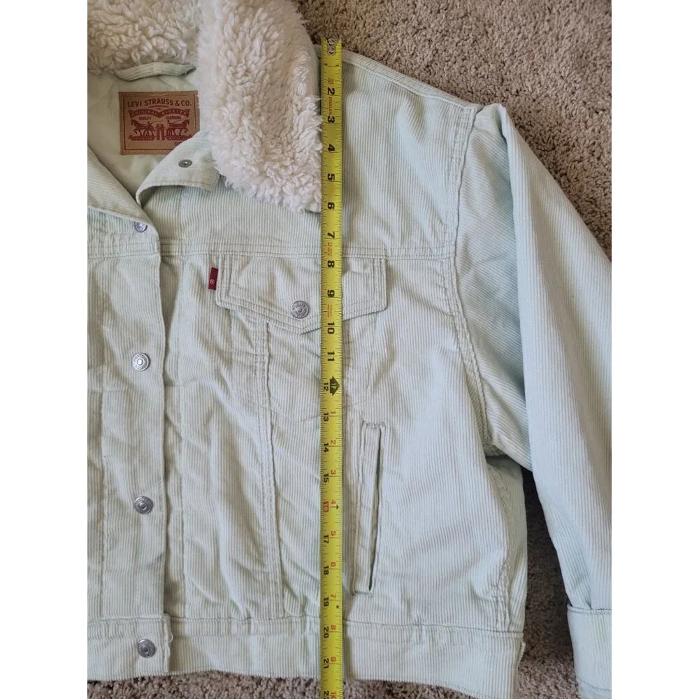 Levi's Corduroy Women's Size XL Jacket Polyester Fur Sherpa Light Green Trucker - Picture 4 of 5